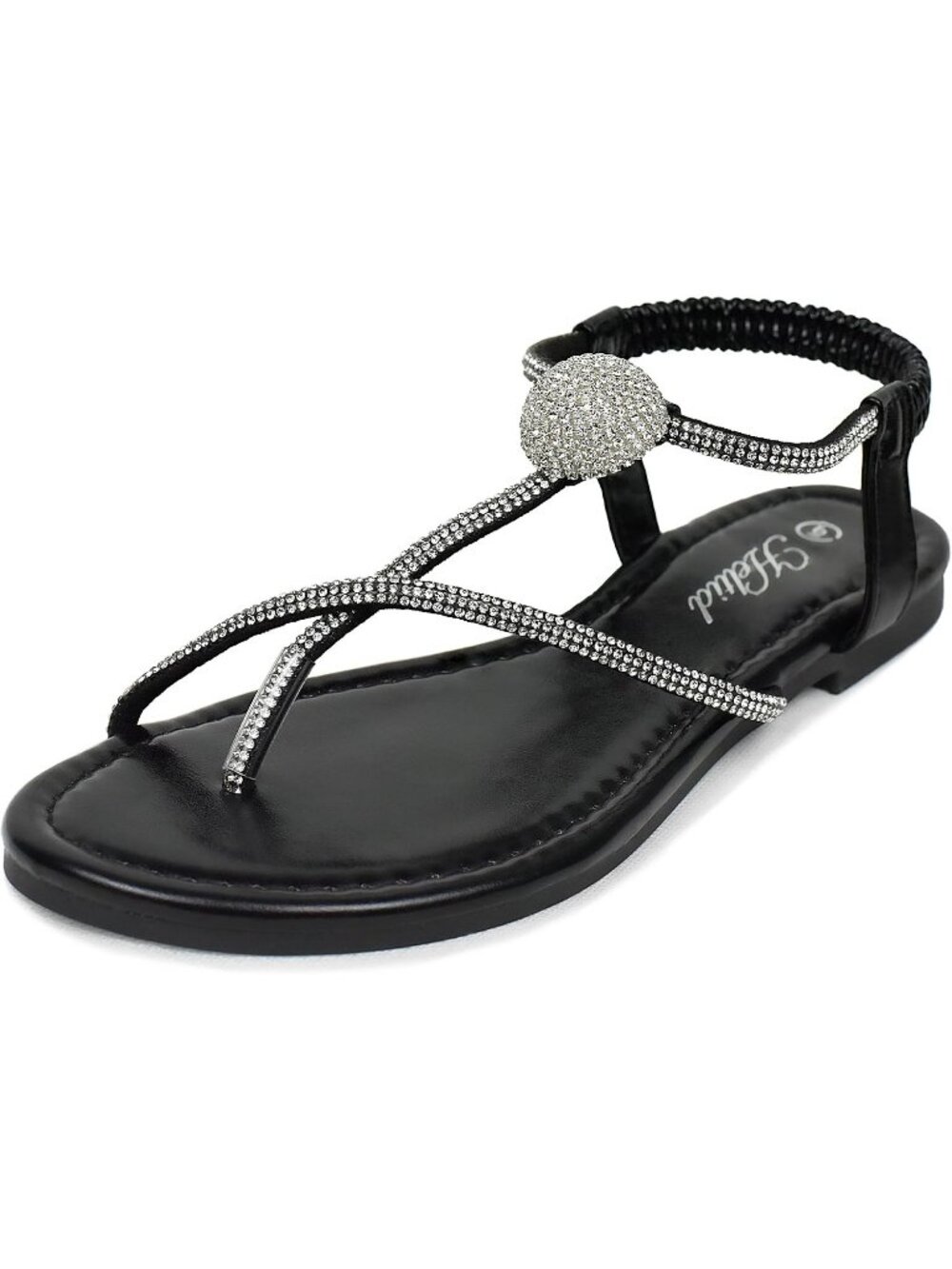Women's Black Comfortable Sparkly Rhinestone Strappy Boho Bling Flats Sandals